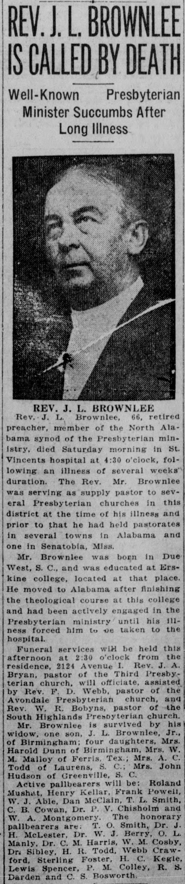Rev. J.L. Brownlee obituary